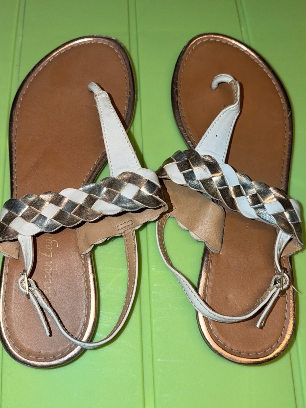 Women’s Braided Leather Thong Sandals - White and Metallic